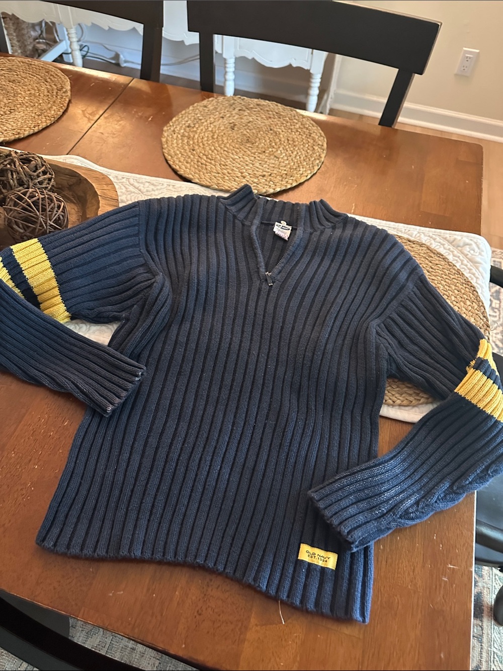 Old Navy Navy Ribbed Quarter-Zip Sweater with Yellow Sleeve Stripes